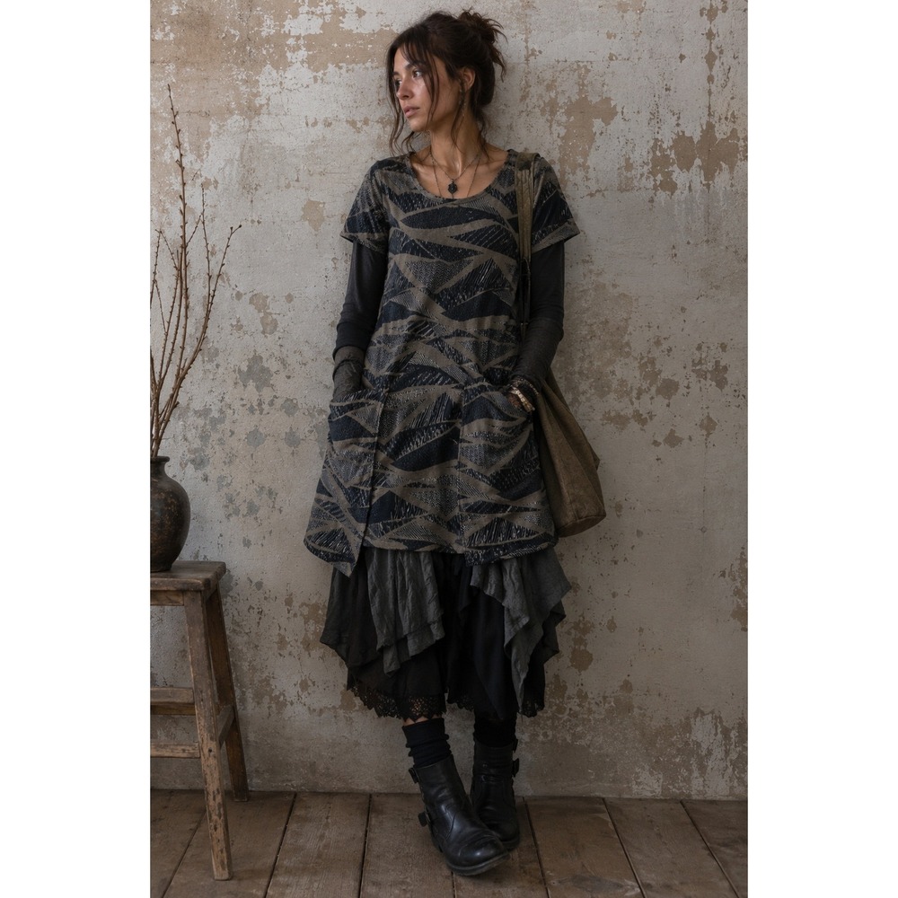 Handmade Artisan Tapestry Tunic Dress Boho Lagenlook Gorpcoreβ Grey Black M/L